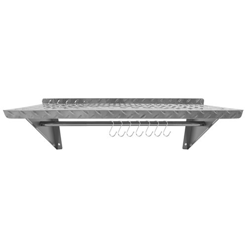 Commercial Stainless Steel Wall Mounted Non-Slip Shelf with Rail &amp 7 Hooks 900 x 300 x 230mm | Stalwart DA- RTW3B0930