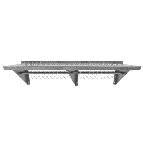 Commercial Stainless Steel Wall Mounted Non-Slip Shelf with Rail &amp 18 Hooks 2000 x 300 x 230mm | Stalwart DA- RTW3B2030