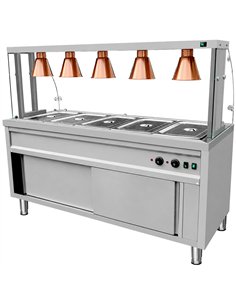 Commercial Heated Bain Marie Food Serving Counter for 5 x GN1/1 with Heated Cabinet, Curved Glass and 5 Heat Lamps 1800 x 700 x 