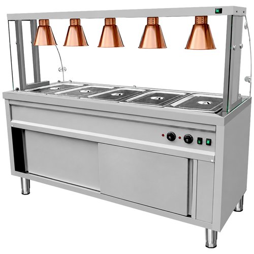 Commercial Heated Bain Marie Food Serving Counter for 5 x GN1/1 with Heated Cabinet, Curved Glass and 5 Heat Lamps 1800 x 700 x 