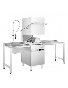 Complete Passthrough Commercial Hood Dishwasher + Table, Sink, 500 x 500 Basket – High Capacity, Touchscreen 9.6kw