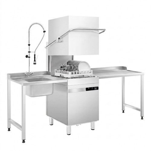 Complete Passthrough Commercial Hood Dishwasher + Table, Sink, 500 x 500 Basket – High Capacity, Touchscreen 9.6kw