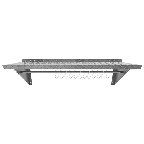Commercial Stainless Steel Wall Mounted Non-Slip Shelf with Rail &amp 12 Hooks 1400 x 300 x 230mm | Stalwart DA-RTW3B1430