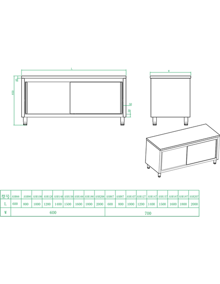 Commercial Worktop Floor Cupboard Sliding doors Stainless steel Width 1800mm Depth 700mm | Stalwart DA-THASR187
