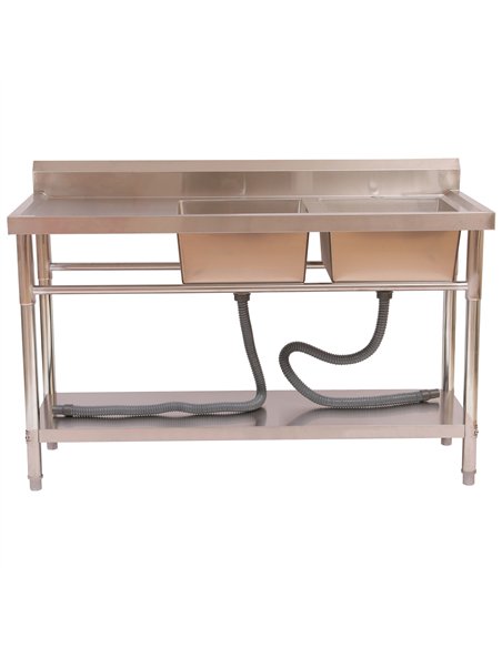 Commercial Stainless Steel Double Bowl Sink with Right-Hand Bowls &amp Undershelf 1400 x 600 x 850mm | Stalwart DA-WUS14060RIGHT