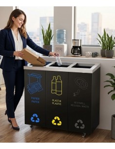 3 Bay Recycling Bin Station Easy Sorting 25ltr Each Mobile Waste Unit Castors