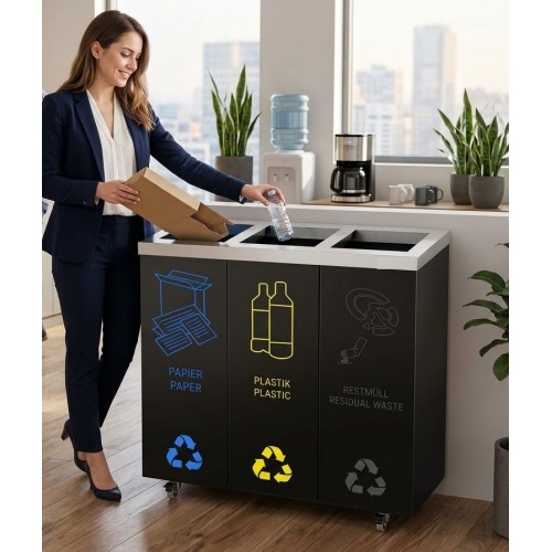 3 Bay Recycling Bin Station Easy Sorting 25ltr Each Mobile Waste Unit Castors