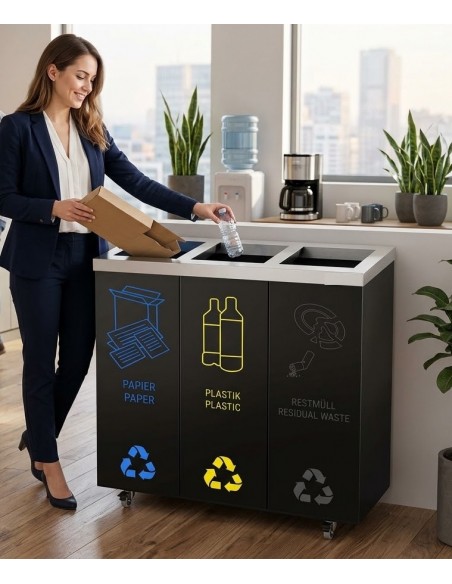 3 Bay Recycling Bin Station Easy Sorting 25ltr Each Mobile Waste Unit Castors