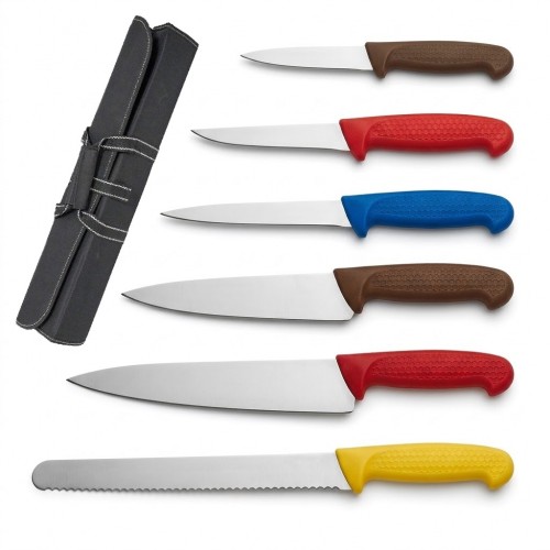 Professional Chef Knife Set – 6 Piece Colour-Coded Knifes with Canvas Knife Wallet