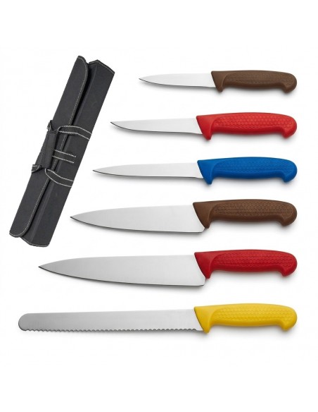 Professional Chef Knife Set – 6 Piece Colour-Coded Knifes with Canvas Knife Wallet