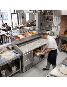 Commercial Pizza Prep Counter 6 Drawers 1400mm – Granite Top & Refrigerated Ingredient Display 2