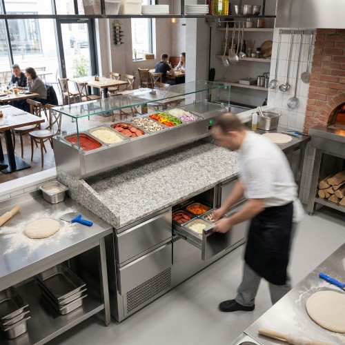 Commercial Pizza Prep Counter 6 Drawers 1400mm – Granite Top & Refrigerated Ingredient Display