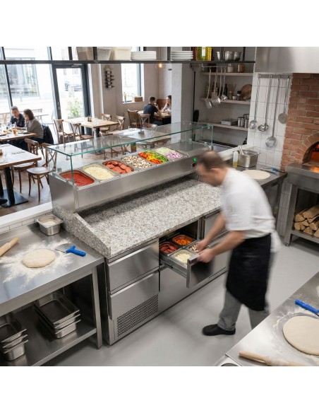 Commercial Pizza Prep Counter 6 Drawers 1400mm – Granite Top & Refrigerated Ingredient Display