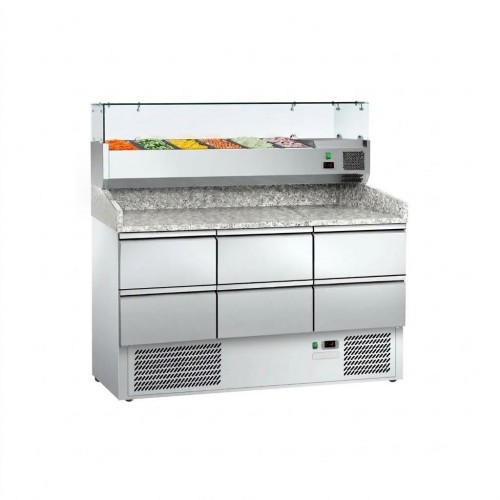 Commercial Pizza Prep Counter 6 Drawers 1400mm – Granite Top & Refrigerated Ingredient Display
