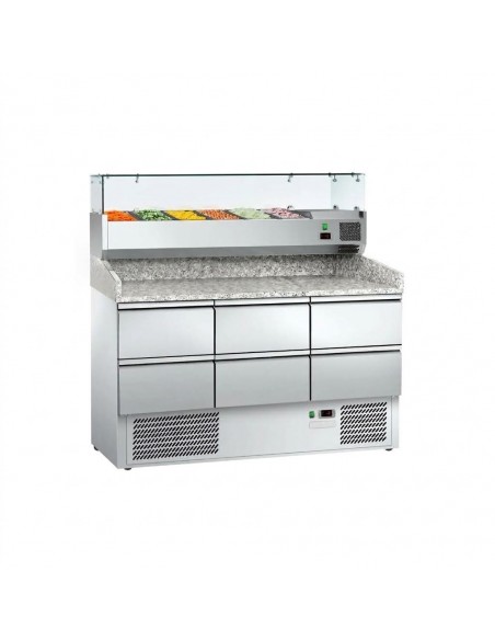 Commercial Pizza Prep Counter 6 Drawers 1400mm – Granite Top & Refrigerated Ingredient Display