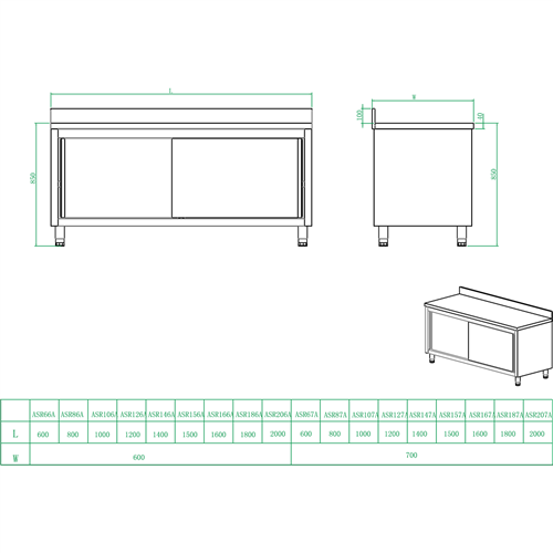 Commercial Worktop Floor Cupboard Sliding doors Stainless steel Width 1400mm Depth 700mm Upstand | Stalwart VTC147SLB