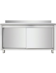 Commercial Worktop Floor Cupboard Sliding doors Stainless steel Width 1400mm Depth 700mm Upstand | Stalwart VTC147SLB