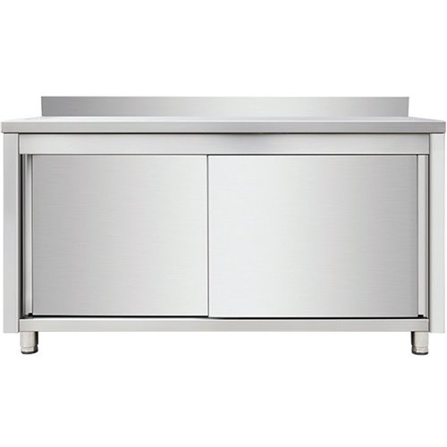 Commercial Worktop Floor Cupboard Sliding doors Stainless steel Width 1400mm Depth 700mm Upstand | Stalwart VTC147SLB