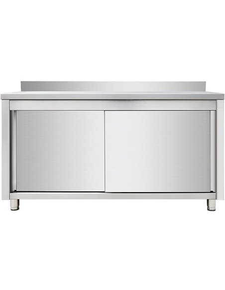 Commercial Worktop Floor Cupboard Sliding doors Stainless steel Width 1400mm Depth 700mm Upstand | Stalwart VTC147SLB