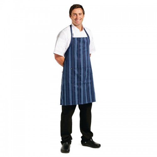 ChefWorks Presidio Navy Satin Stripe Bib Apron