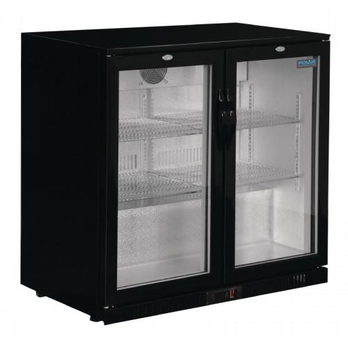 Polar Double Hinge Door Back Bar Cooler in Black with LED Lighting