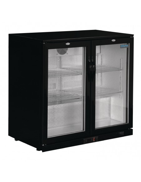 Polar Double Hinge Door Back Bar Cooler in Black with LED Lighting