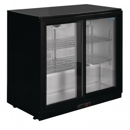 Polar Double Sliding Door Back Bar Cooler in Black with LED Lighting