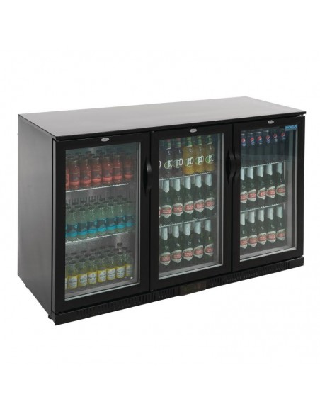 Polar Triple Hinged Door Back Bar Cooler in Black with LED Lighting