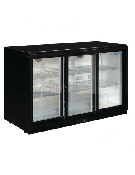Polar Triple Sliding Door Back Bar Cooler in Black with LED Lighting