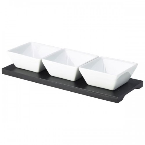 Black Wood Dip Tray Set 27X10cm W/ 3 Dishes - Quantity 4